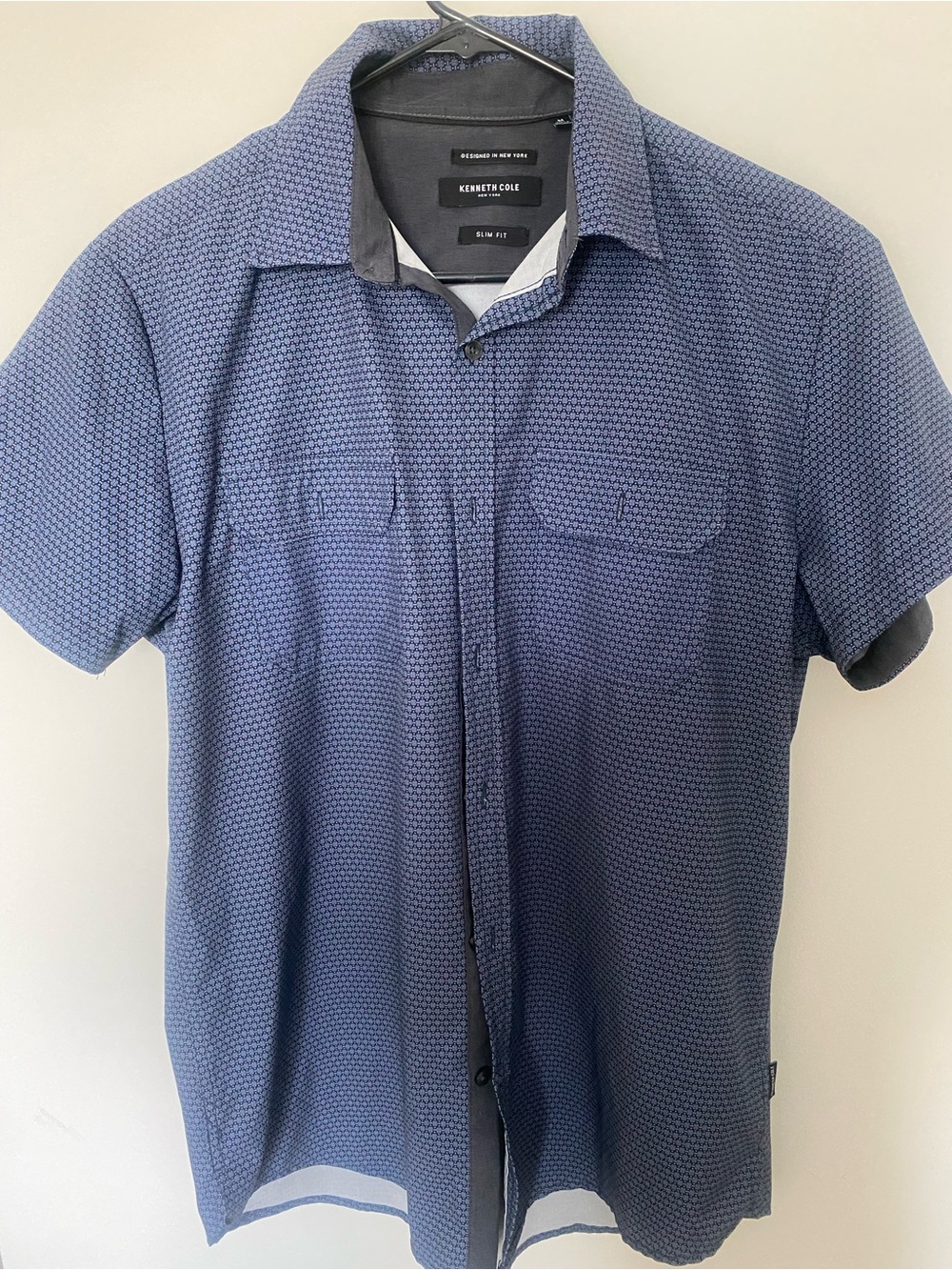 Kenneth Cole Short Sleeve Button-Down Shirt - Navy Blue Textured